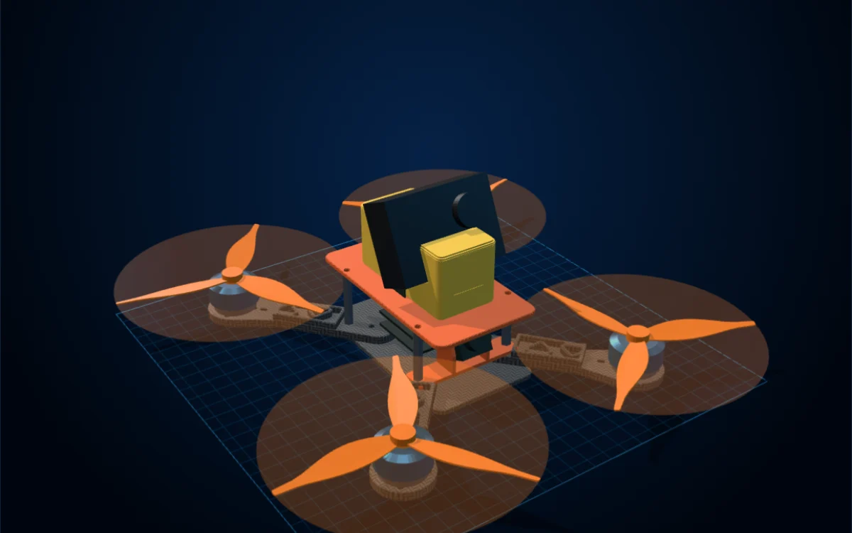 A 5-inch freestyle quad built up with motors, props, battery and an action camera