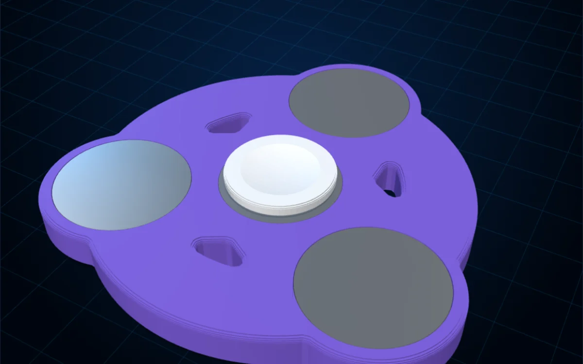 A coin spinner with a stack of four quarters in each arm